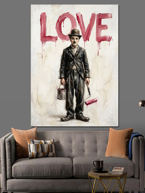 Love Yazılı Klasik Charlie Chaplin Dekoratif Kanvas - Mdf Ahşap Tablo