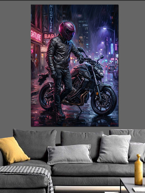Neon Işıklı Motorcu Ve Şehir Dekoratif Kanvas - Mdf Ahşap Tablo