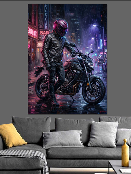 Neon Işıklı Motorcu Ve Şehir Dekoratif Kanvas - Mdf Ahşap Tablo