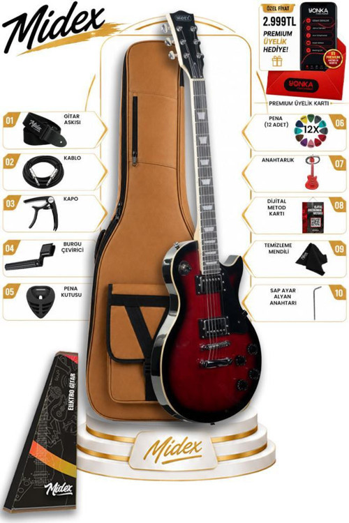 GRX-200RDS Profesyonel Les Paul Kasa HH Elektro Gitar Seti Kırmızı Sunburs