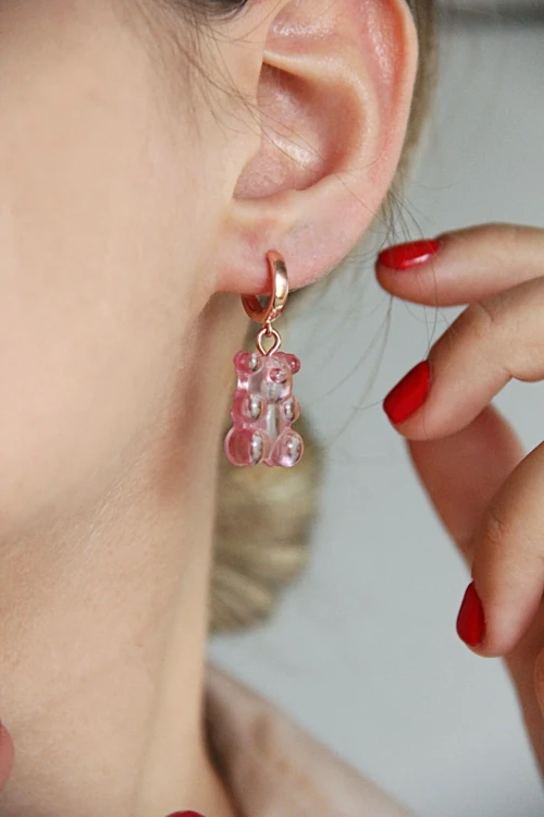 925 Ayar Gümüş Açık Pembe Jelibon Ayıcık Çift Küpe - K096301