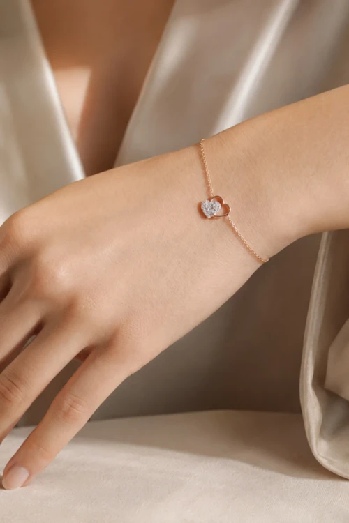 925 Ayar Gümüş Rose Zirkon Taşlı Kalp Bileklik - B049201