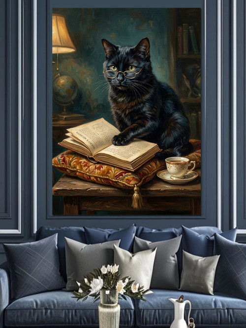 Kitap Okuyan Karizmatik Siyah Kedi Dekoratif Kanvas - Mdf Ahşap Tablo