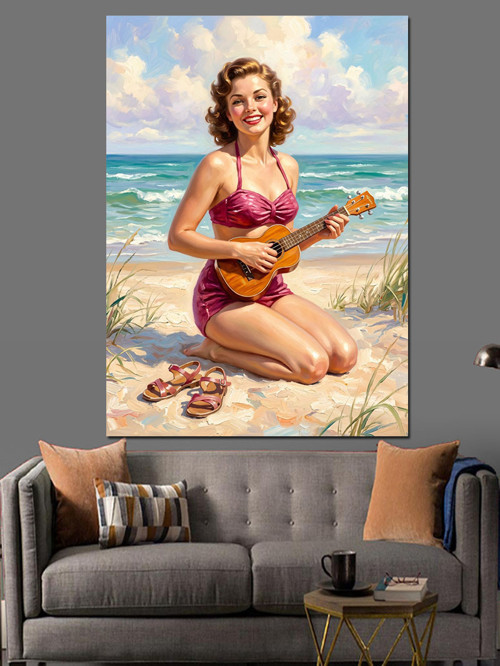 Kumsalda Gitar Çalan Retro Kadın Dekoratif Kanvas - Mdf Ahşap Tablo