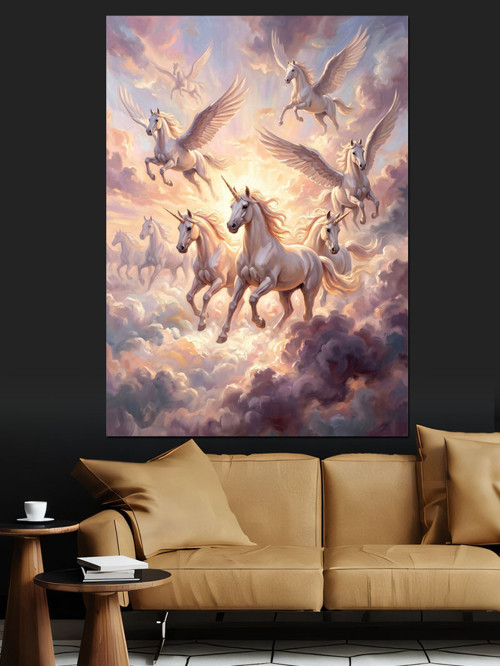 Bulutlar Arasında Uçan Unicornlar Ordusu Dekoratif Kanvas - Mdf Ahşap Tablo