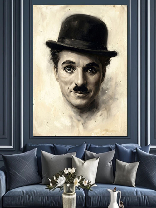 Klasik Şapkalı Charlie Chaplin Portresi Dekoratif Kanvas - Mdf Ahşap Tablo