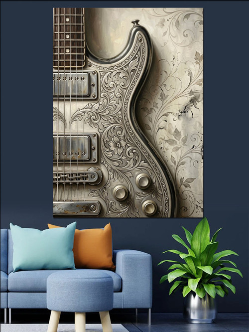 Desenli Gümüş Gövdeli Elektro Gitar Dekoratif Kanvas - Mdf Ahşap Tablo