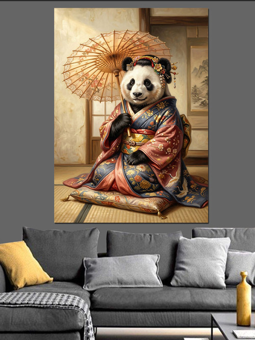 Kimonolu Panda Ve Japon Şemsiyesi Dekoratif Kanvas - Mdf Ahşap Tablo