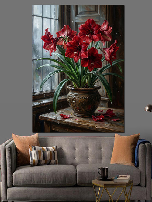 Pencere Önünde Kırmızı Amaryllis Çiçeği Dekoratif Kanvas - Mdf Ahşap Tablo