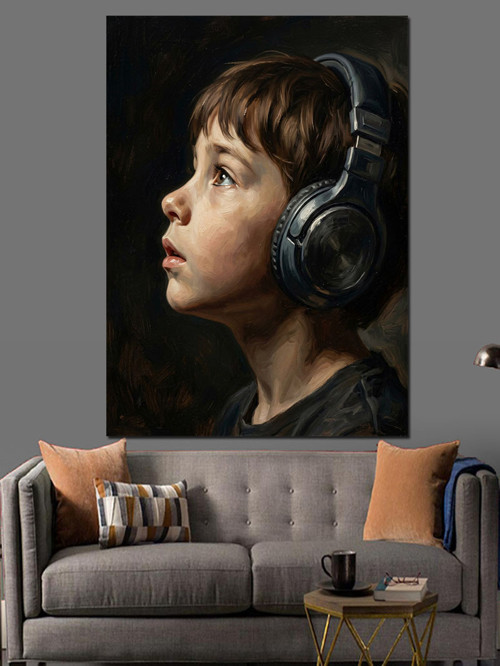 Kulaklıklı Müzik Dinleyen Küçük Çocuk Dekoratif Kanvas - Mdf Ahşap Tablo
