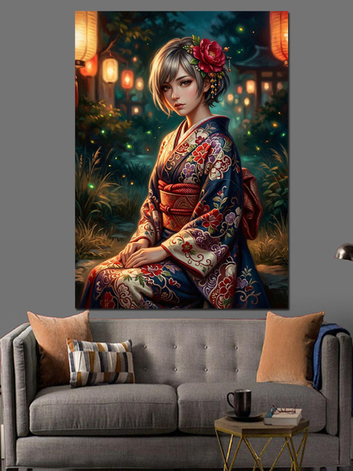 Kimonolu Japon Kızı Ve Çiçekler Dekoratif Kanvas - Mdf Ahşap Tablo