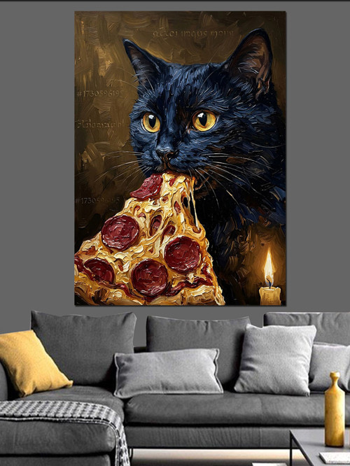 Pizza Yiyen Karizmatik Siyah Kedi Dekoratif Kanvas - Mdf Ahşap Tablo
