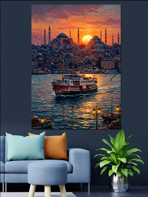 Gün Batımında İstanbul Vapur Manzarası Dekoratif Kanvas - Mdf Ahşap Tablo
