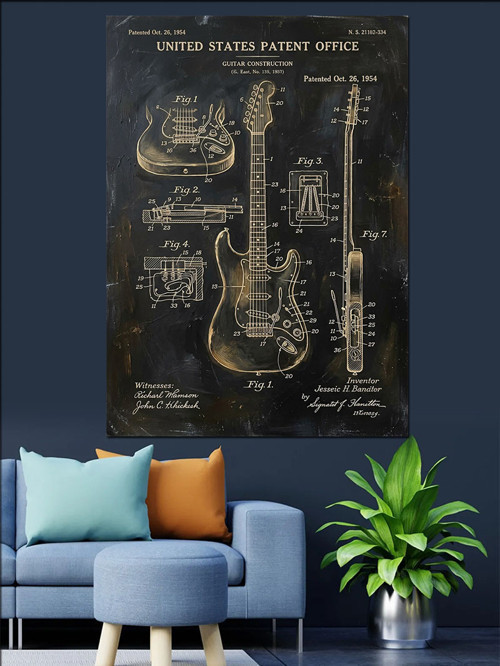Gitar Teknik Planı Sanat Tasarımı Dekoratif Kanvas - Mdf Ahşap Tablo