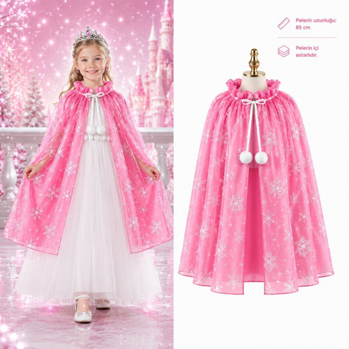 Kar Tanesi Desenli Pembe Pelerini - Astarlı Pelerini 85 cm