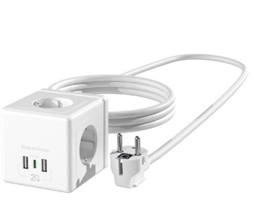 PRZ04 4 Soketli 2 USB 1 Type-C PD20 2M 306 Joule Tam Bakır Küp Beyaz Akım Korumalı Priz