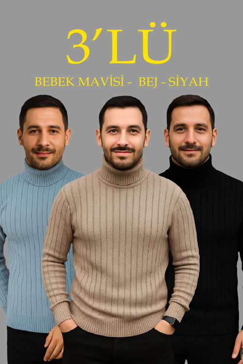 Fitilli Triko Kazak 3'lÜ Set Bebek Mavisi Bej Siyah Regular Balıkcı Yaka Tam Boğazlı Triko Seti