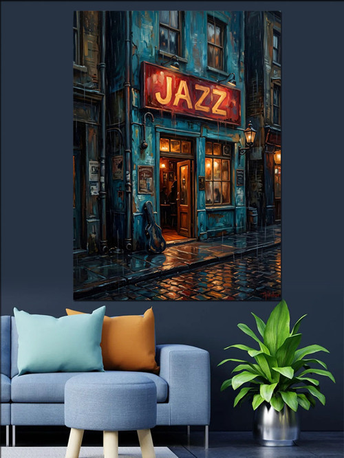 Yağmurlu Gecede Jazz Kulübü Tabelası Dekoratif Kanvas - Mdf Ahşap Tablo