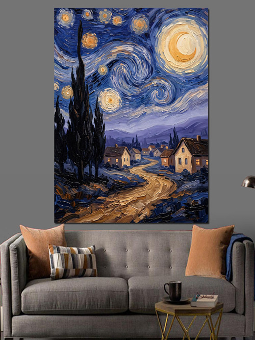 Van Gogh Tarzı Yıldızlı Gece Dekoratif Kanvas - Mdf Ahşap Tablo