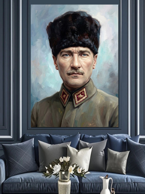 Askeri Üniformalı Karizmatik Atatürk Portresi Dekoratif Kanvas - Mdf Ahşap Tablo