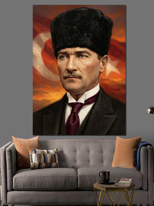 Türk Bayrağı Önünde Atatürk Dekoratif Kanvas - Mdf Ahşap Tablo