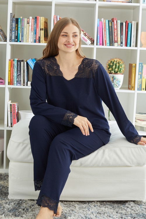 Dantel Detaylı Pamuklu Likralı Curve Büyük Beden Battal Örme Pijama Takım