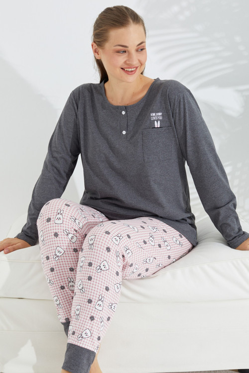 Pamuklu Likralı Curve Büyük Beden Battal Örme Düğmeli Pijama Takım