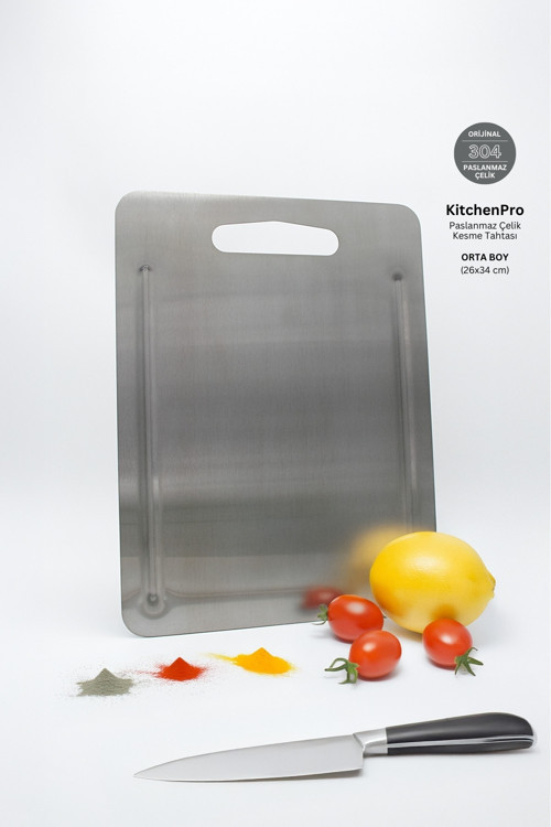 KitchenPro Klasik Paslanmaz Çelik Kesme Tahtası (Orta Boy - 26x34 cm)