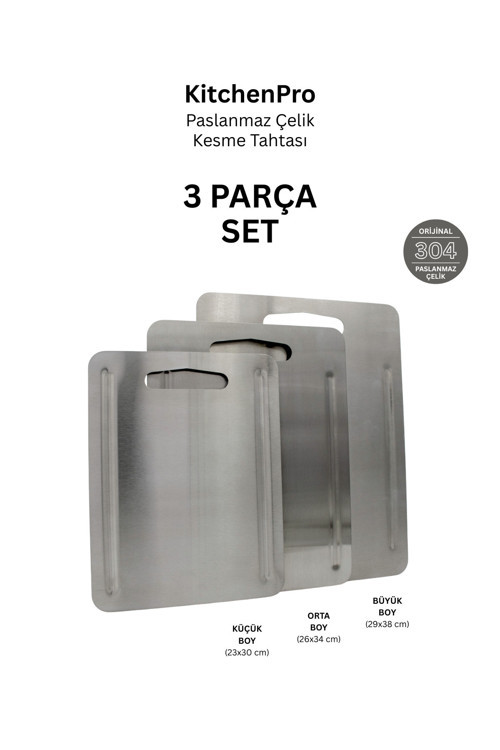 KitchenPro Klasik Paslanmaz Çelik Kesme Tahtası 3 Parça Set (Büyük Boy / Orta Boy / Küçük Boy)