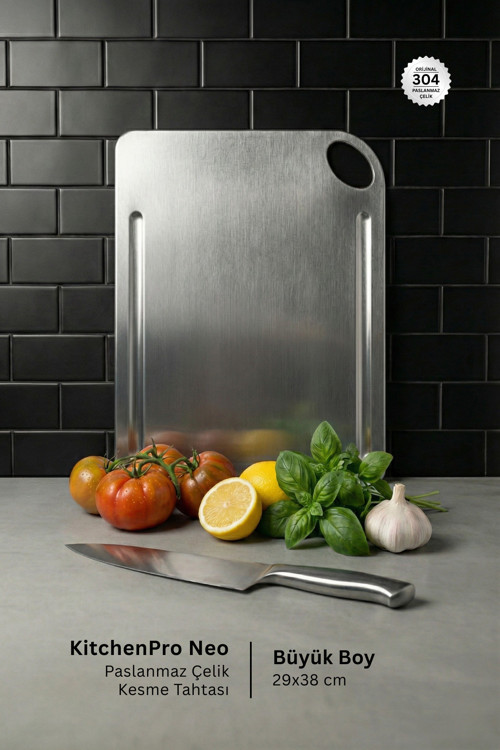 KitchenPro Neo Paslanmaz Çelik Kesme Tahtası (Büyük Boy - 29x38 cm)