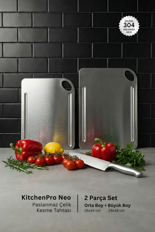 KitchenPro Neo Paslanmaz Çelik Kesme Tahtası 2 Parça Set (Orta Boy-26x34 cm / Büyük Boy-29x38 cm)