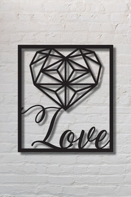Love Yazılı Kalp Metal Tablo