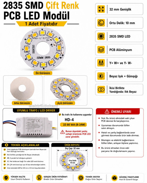 Ledli Avizeler İçin 32mm Yuvarlak PCB Alüminyum Levha Üzerine Dizgi SMD Led 4 Kablolu 2 Renk Gün