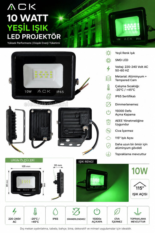 10w YEŞİL Led Projektör DOB SMD IP65 900lm (10 Watt 220 Volt)