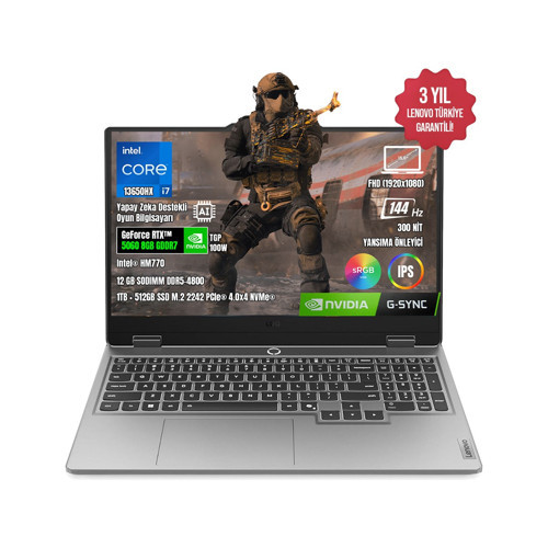Loq 15IRX10 83JE00J5TR-01 I7-13650HX 12GB Ddr5 1TB+512GB SSD RTX5060-8GB 15.6" IPS 144Hz Freedos