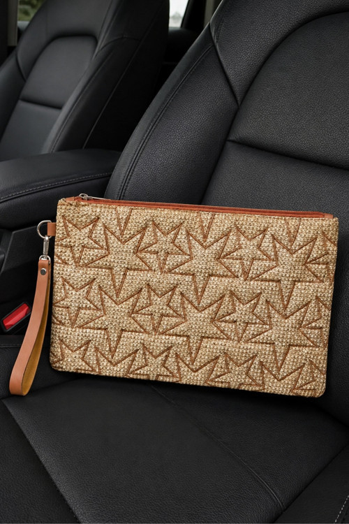 Hasır Yıldız Nakış İşlemeli Portföy El Çantası Bilek Askılı Hasır Clutch Çanta