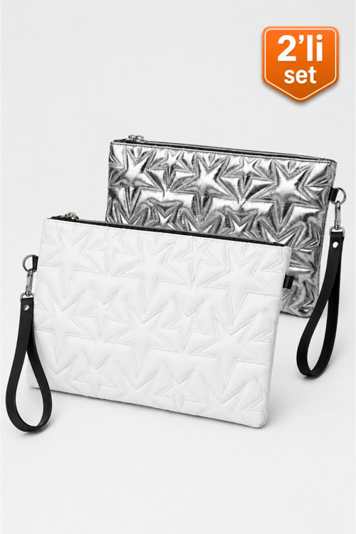 2'li Çanta Paketi Yıldız Desenli Portföy El Çantası Bilek Askılı Clutch Çanta