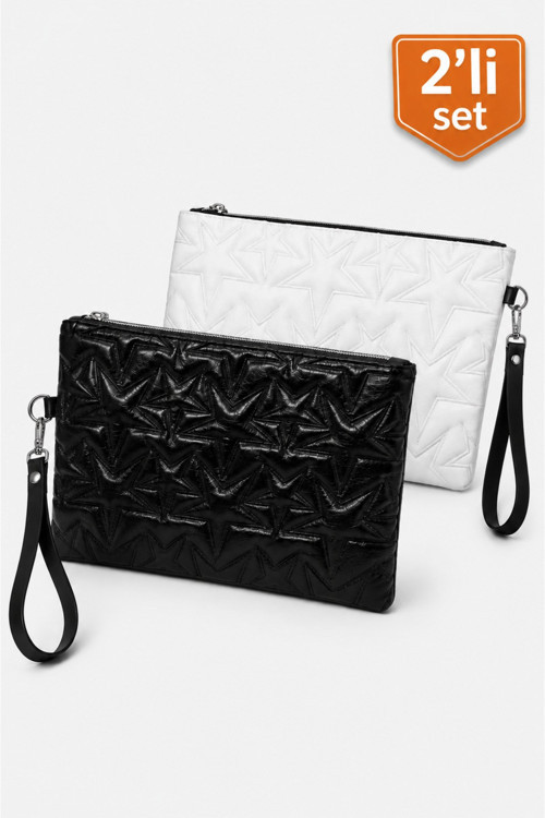 2'li Çanta Paketi Yıldız Desenli Portföy El Çantası Bilek Askılı Clutch Çanta