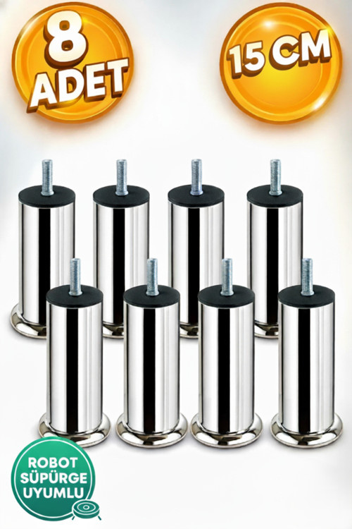 Baza Koltuk Kanepe Mobilya Ayağı İnce Diş Metrik 8Mm Krom Metal Ayakları 15Cm 8 Adet