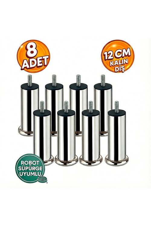Baza Koltuk Kanepe Mobilya Ayağı Kalın Diş Metrik 3/8 Krom 12Cm 8 Adet(Vida Ölçüsüne Dikkat)