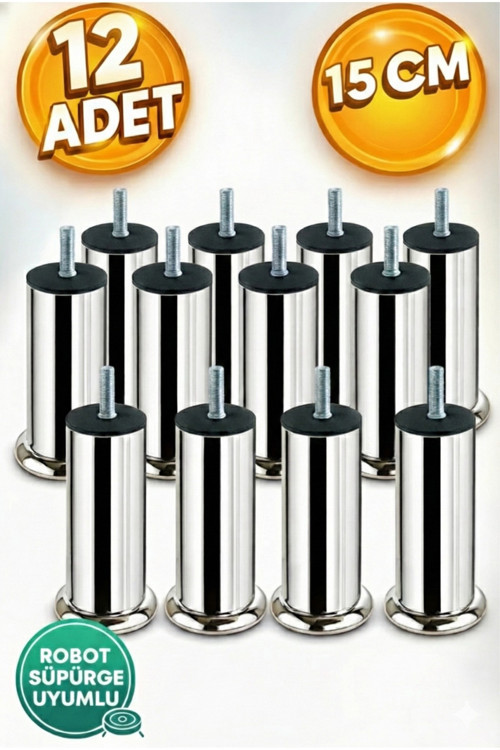 Baza Koltuk Kanepe Mobilya Ayağı İnce Diş Metrik 8Mm Krom Metal Ayakları 15Cm 12 Adet