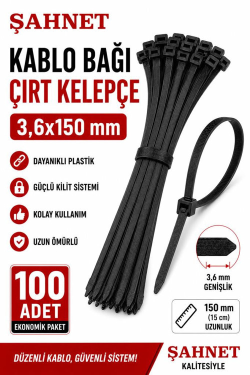 3,6x150 mm Siyah Kablo Bağı (Çırt Kelepçe) 100 Adet - Plastik Kablo Toplama Bağı