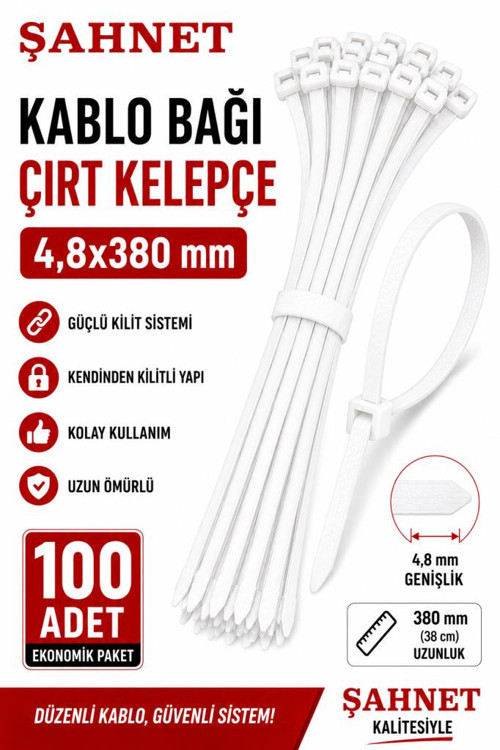 4,8*380 Kablo Bağı Beyaz Çırt Kelepçe Kablo Toplama Klipsi