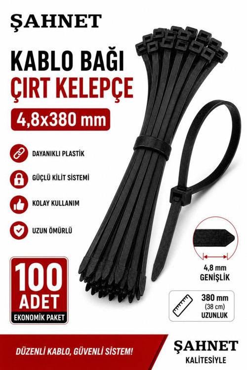 4,8x380 mm Siyah Kablo Bağı 100'lü Paket Çırt Kelepçe Plastik Kablo Toplama Bağı Güçlü Kilitli