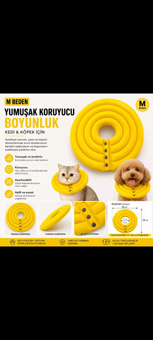 M Beden Kedi ve Köpek Koruyucu Boyunluk – Yumuşak Ayarlanabilir Ameliyat Sonrası Koruma Tasması – Elizabeth Yakalığı