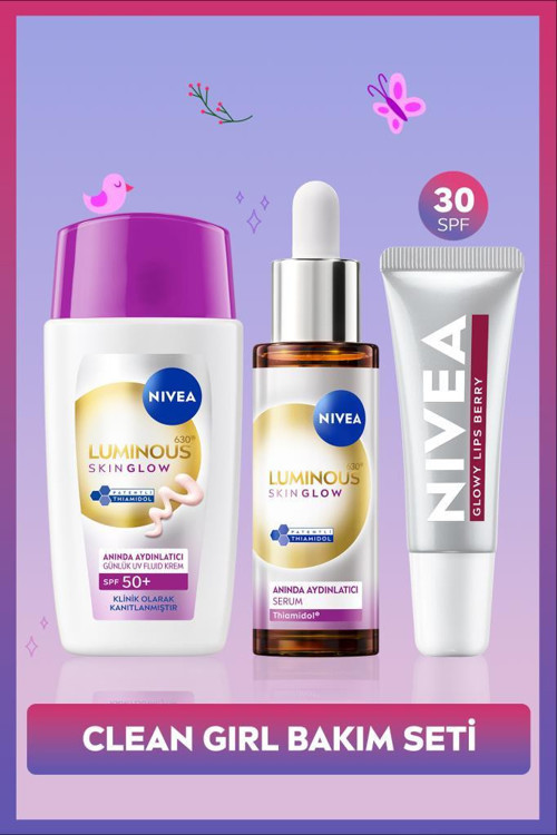 SPF50+ Güneş Koruyucu Luminous630 Skin Glow Yüz Kremi, Serum ve Berry Renkli Dudak Parlatıcısı