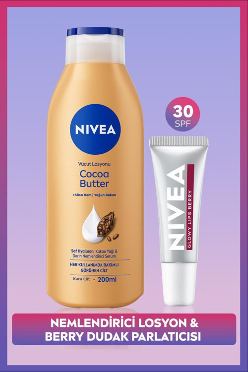 Cocoa Butter Nemlendirici Vücut Bakım Losyonu 200ml ve Berry Renkli Nemlendirici Dudak Parlatıcısı