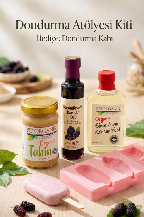 Dondurma Seti 3'lü - Eğlenceli Dondurma Yapma Seti- Organik Tahin 300g + Karamürverli Karadut Özü + Elma Suyu Konsantresi 200 ml | Dondurma Kalıbı Hediyeli