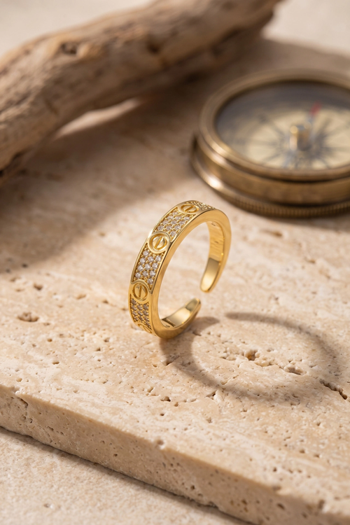 zentya4516 Mey İthalat® Vida ve Zirkon Taş Detaylı Gold Çelik Yüzük zd4526