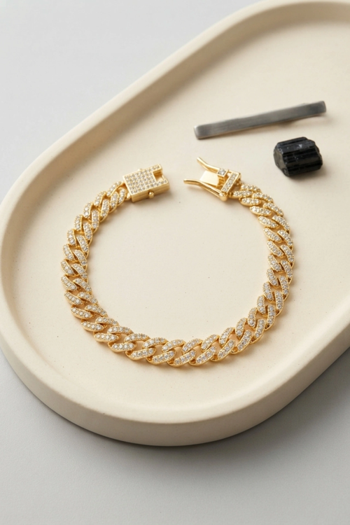 zentya4516 Mey İthalat® Gold Renk Zirkon Taşlı Cuban Zincir Model Klips Kapamalı Erkek Bileklik